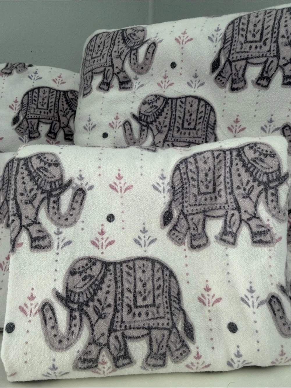 Pottery Barn Teen White Flannel Elephant Sheet Set with Gray and Lavender Print
